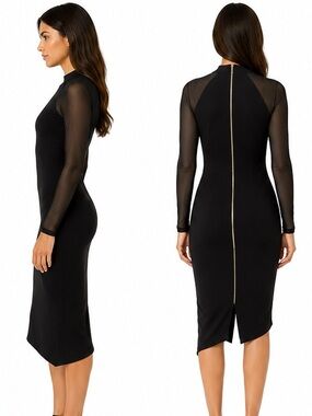 Ted Baker Black Mesh-Sleeve Midi Dress with Gold Back Zip